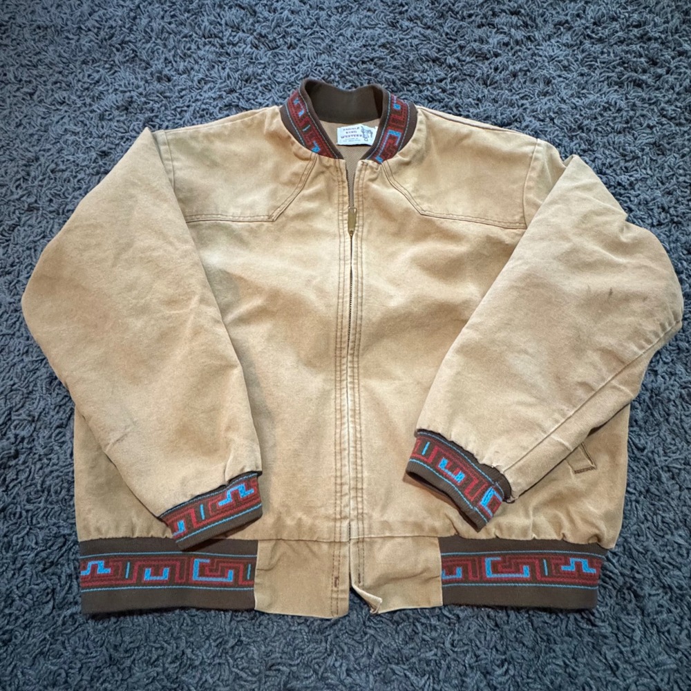 Vintage Saddle King Western Jacket Mens‎ 2XL Southwest Aztec Bomber Tan Workwear